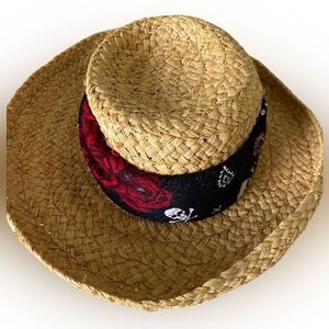Kate Lord Raffia Hat - M /L tan , rose Skelton bandana